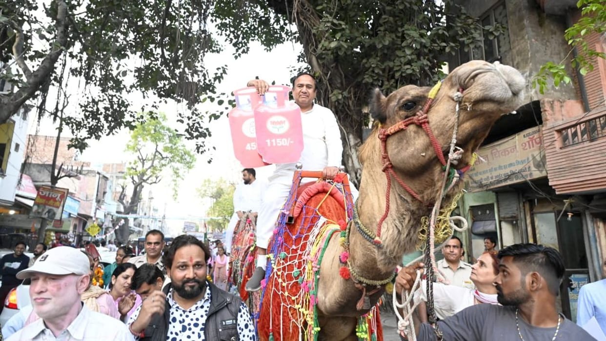 The MLA protested against inflation by sitting on a camel