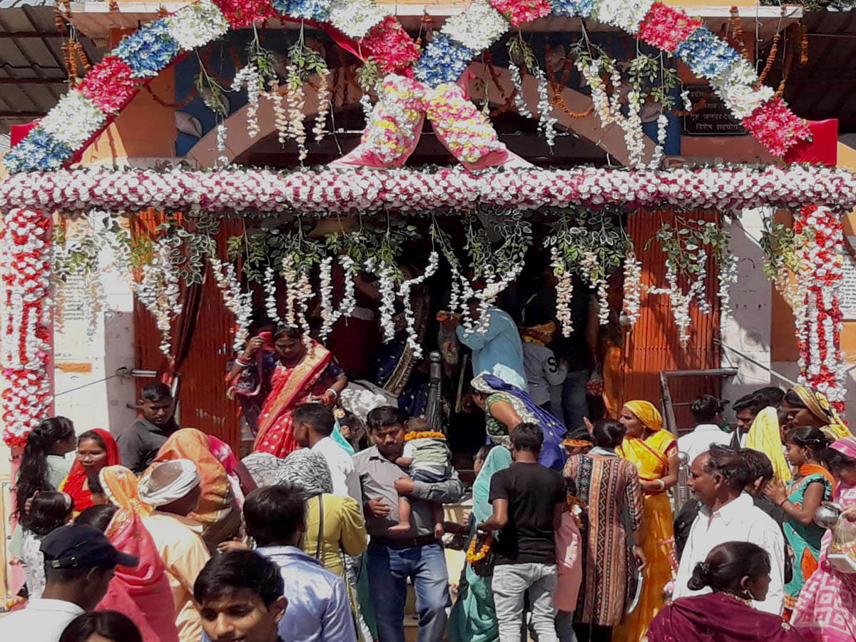 Devotees gathered for worship at Baida Samay Mata Temple