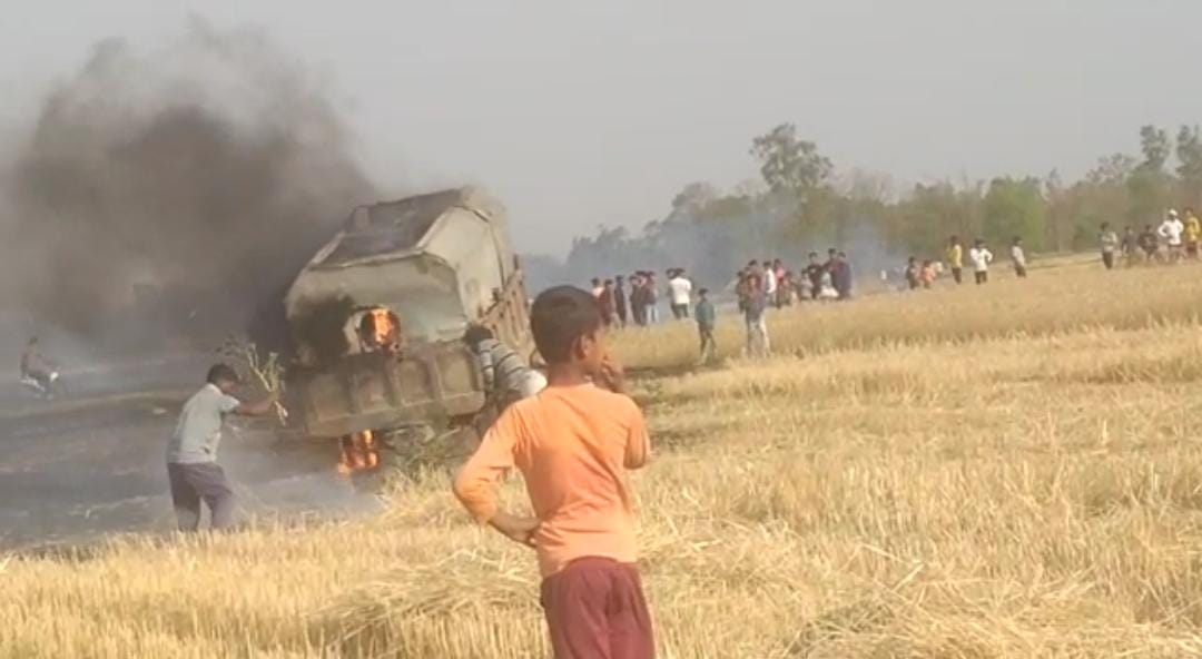 Wheat crop turning to ashes due to spark coming out of chaff making machine