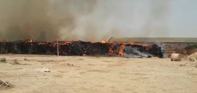 Fierce fire in bales of straw kept in seven acres