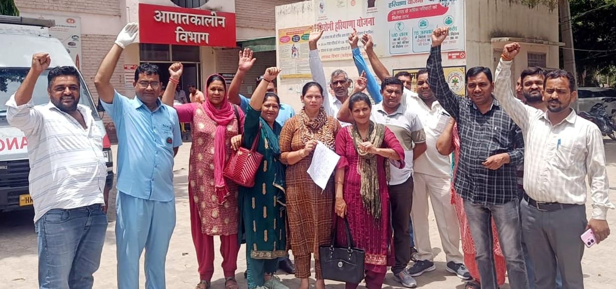 NHM workers oppose termination of service of ANM, demand for reinstatement