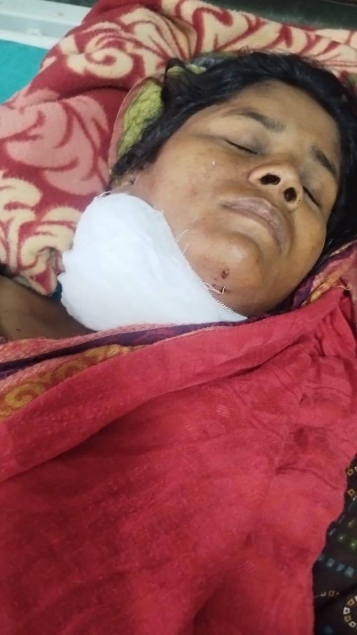 In a domestic dispute, the husband attacked the wife's neck with an axe.