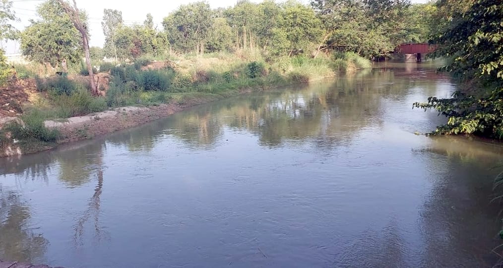 The dirty water of the pond poured into the canal by breaking the track from JCB