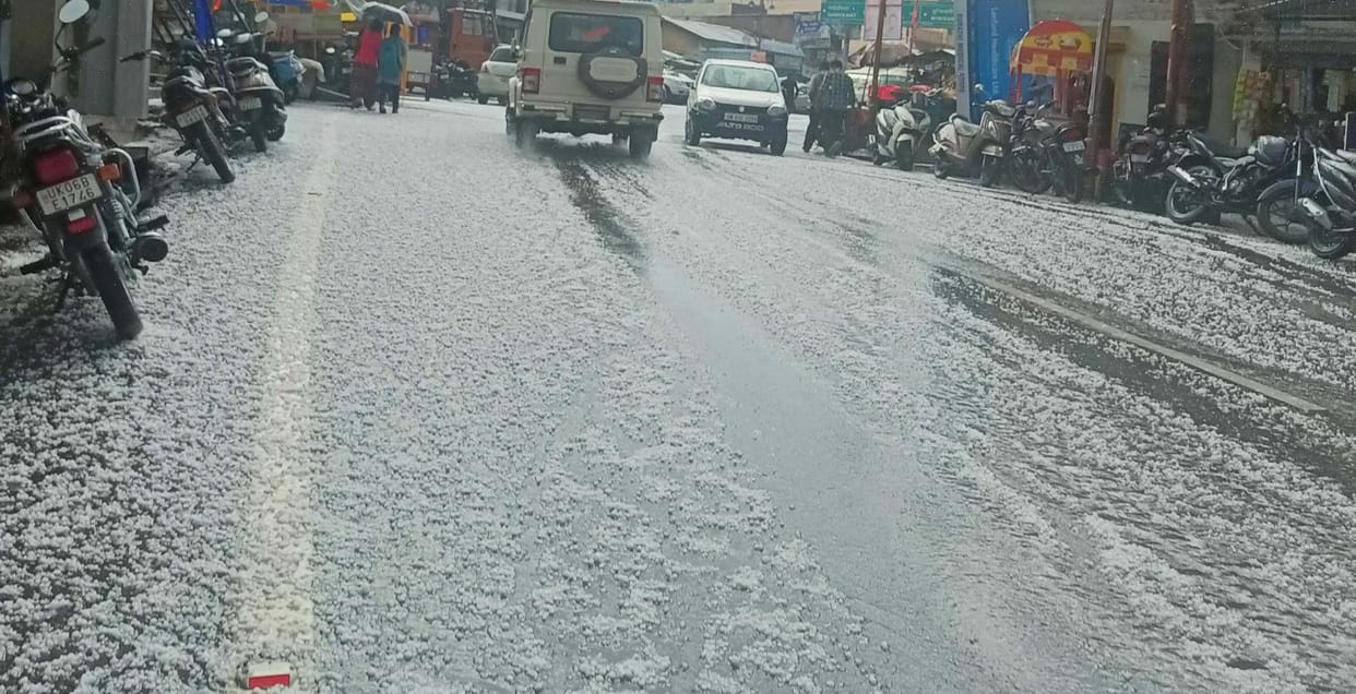 Champawat road covered with hail