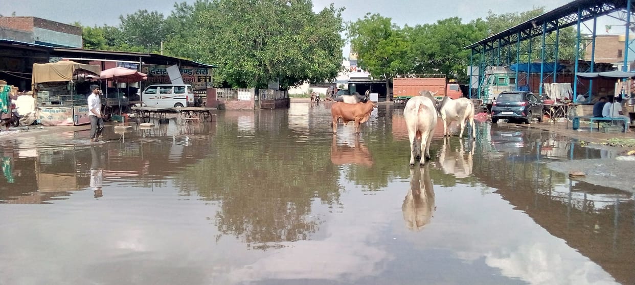 Water filled in the market, vegetables sold sitting on the road