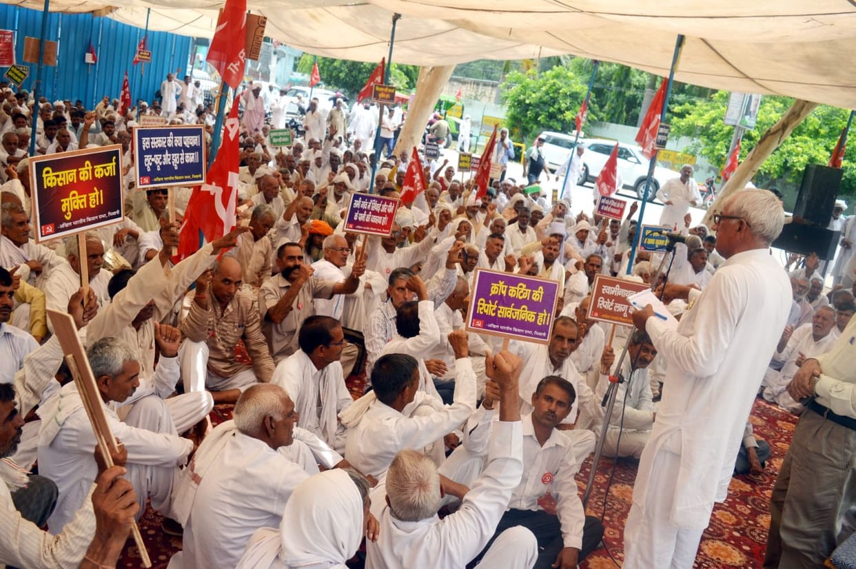 Farmers camped outside the mini secretariat at the district headquarters