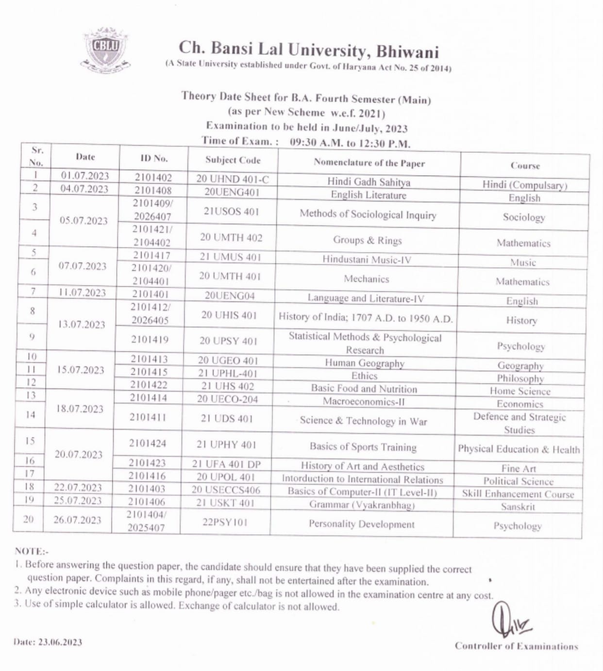 The timing of the examination in the datesheet of BA IV Semester is morning and evening session as shown in the issued admit card
