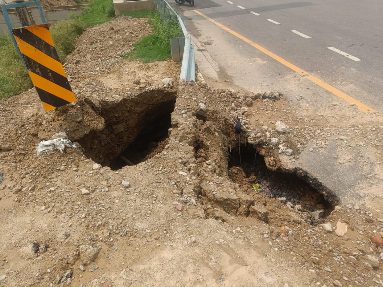 Road damaged near toll plaza of Purvanchal Expressway