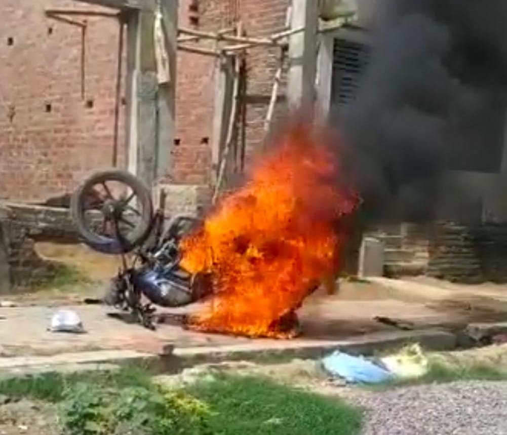 Bike set on fire after a fight