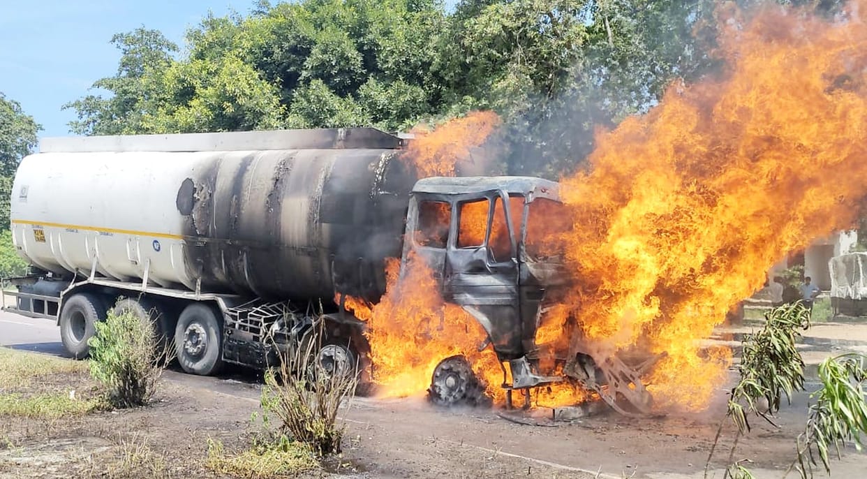Fire broke out after oil tanker fell into ditch