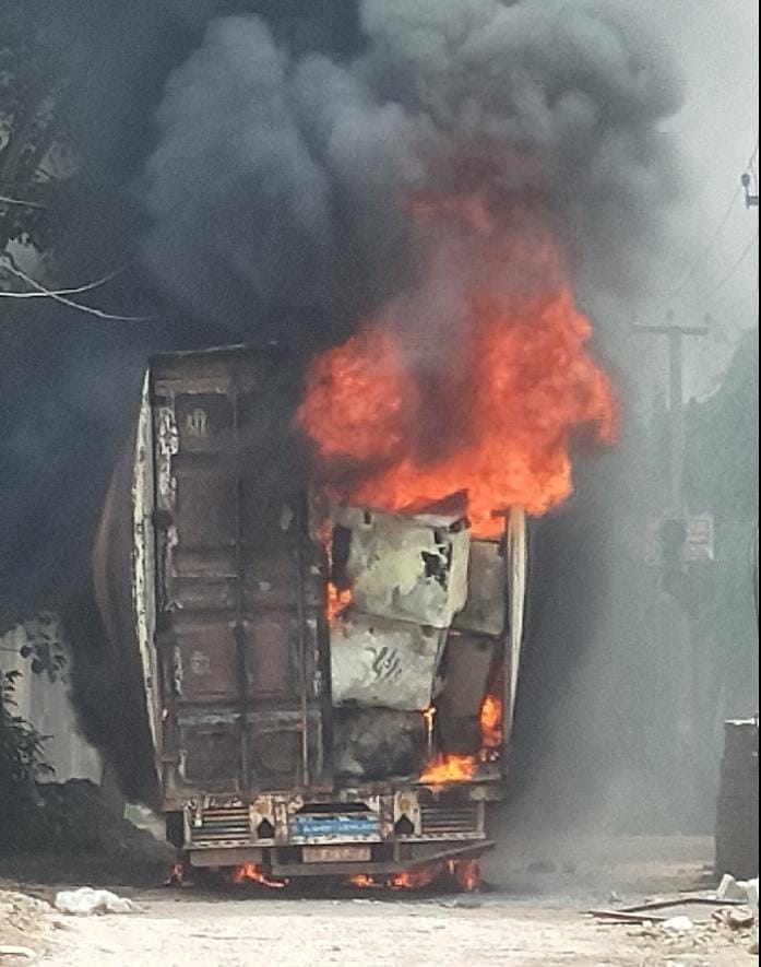 Container caught fire due to high tension line