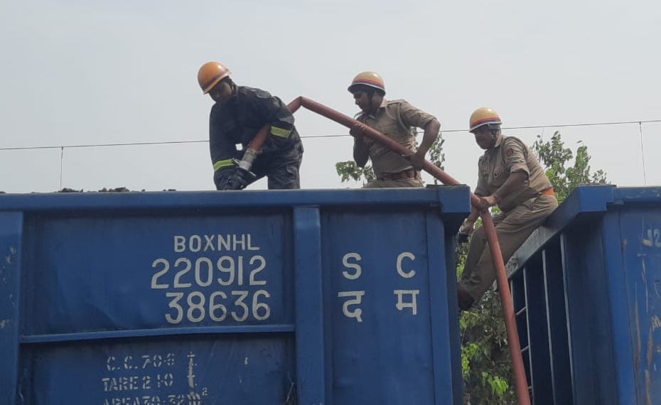 Coal filled in two wagons of goods train caught fire in Najibabad