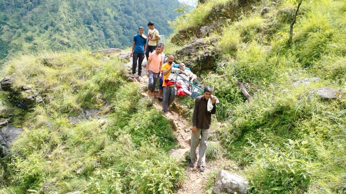 The sick old man was brought to Bangapani in a doli through an inaccessible route.