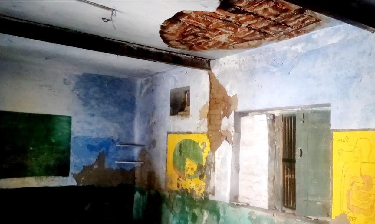 Innocent students studying in rooms with dilapidated and broken roofs