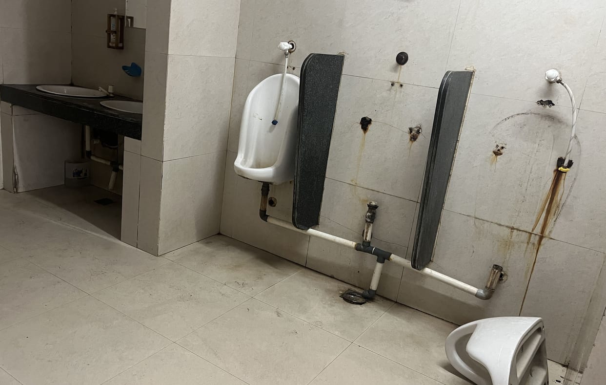 Toilet locked after false ceiling collapse, condition of others in bad condition