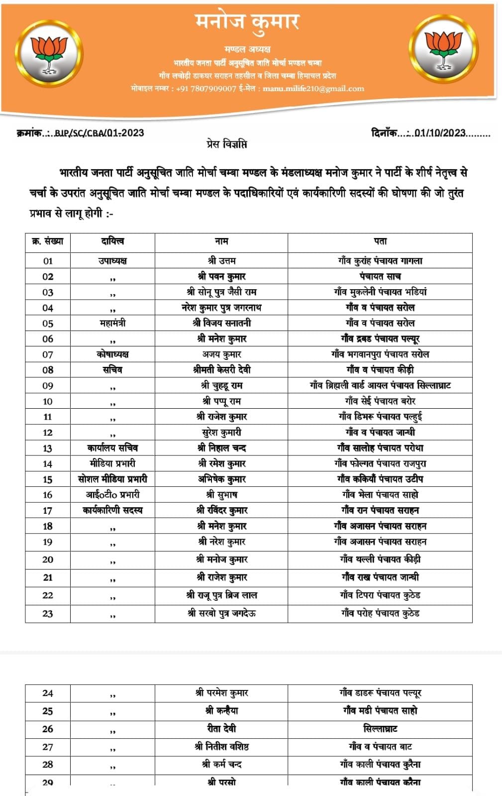 Two divisional presidents each in Chamba division of BJP Scheduled Caste Morcha