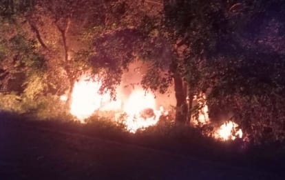 Truck overturns in ditch after DCM hits side, catches fire