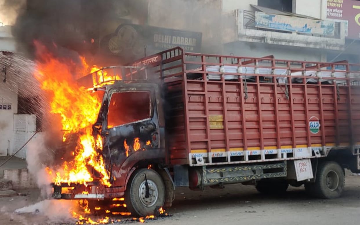 Mini truck catches fire after HT line wire breaks and falls