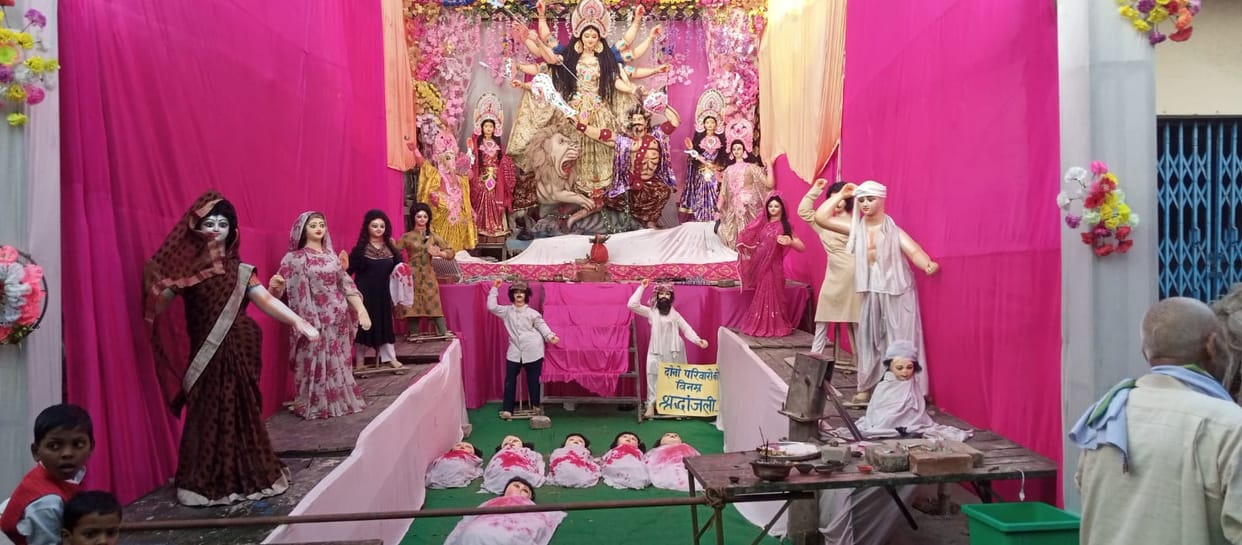 Fatehpur mass murder tableau decorated in Durga pandal