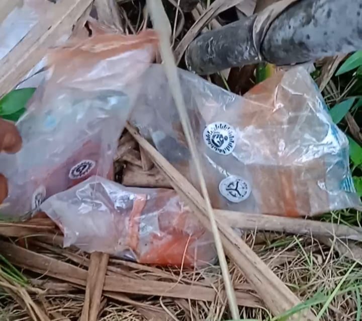 Wrappers of gram given as nutritional food from Anganwadi centers found in sugarcane field