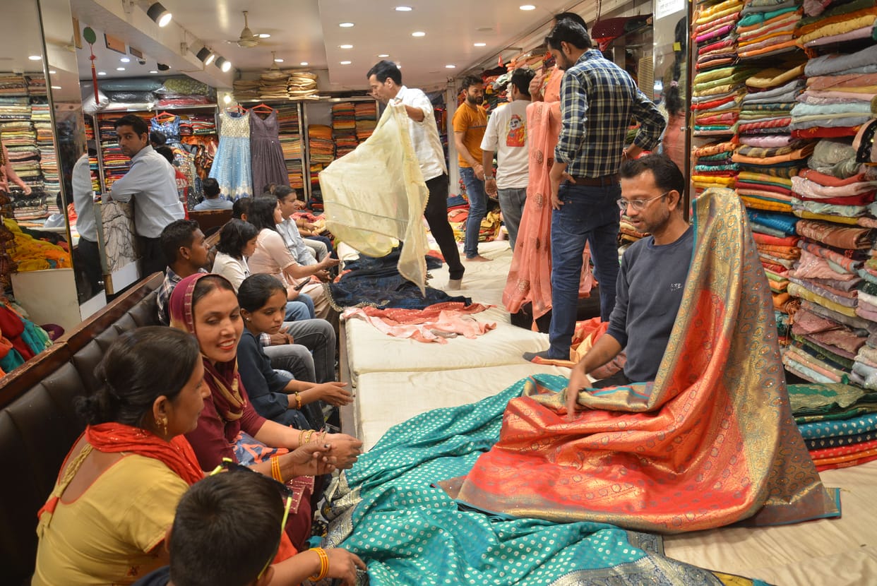 Saree market decorated for Karva Chauth, buyers flocked