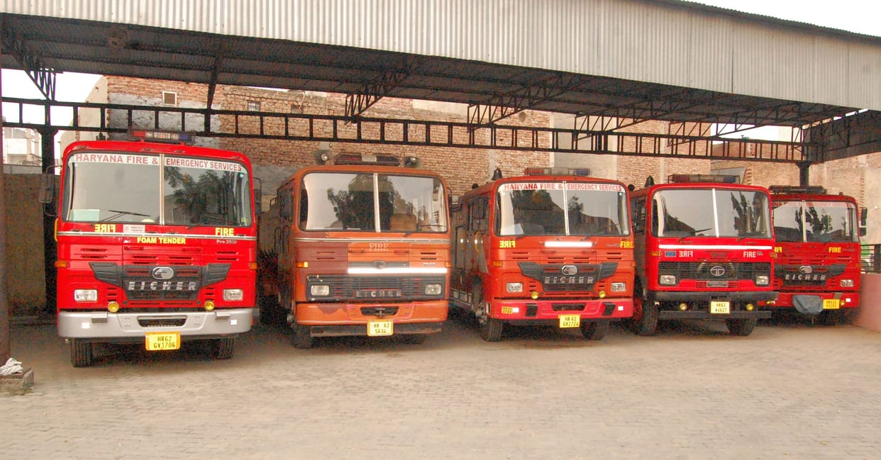 Seven fire tenders in Fatehabad, none fit to go in the narrow streets.