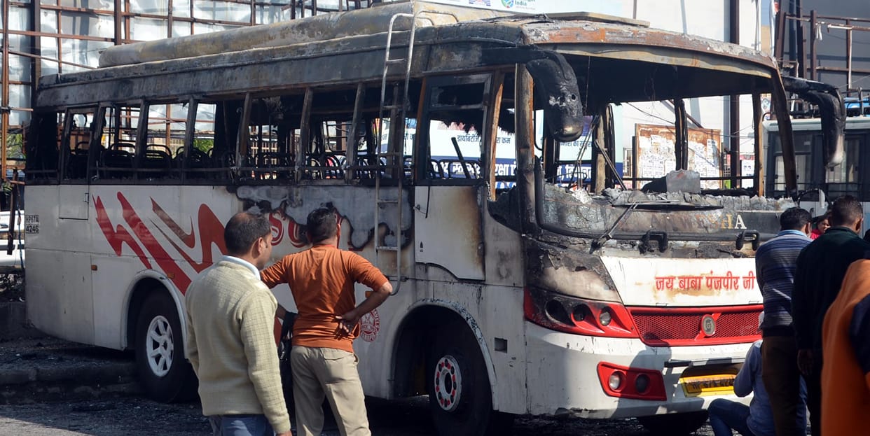 A private bus parked at the bus stand on Diwali night, five cowsheds turned into ashes