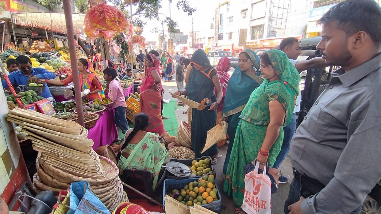Market decorated for Chhath festival, crowd of buyers gathered