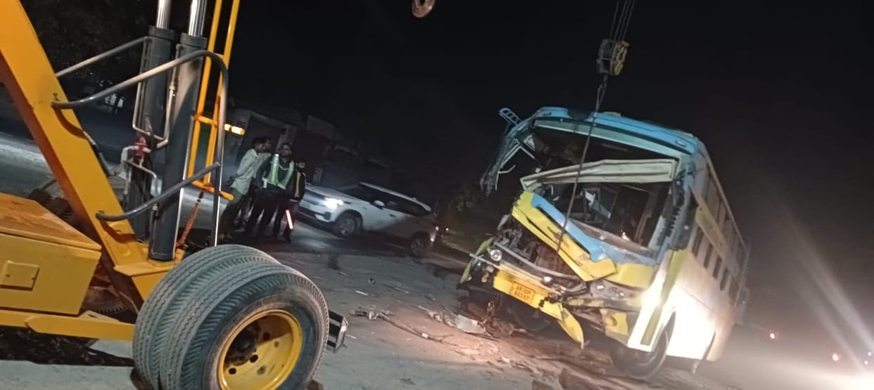 Double decker bus collides with trailer