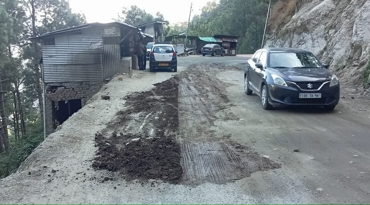 Potholes filled with soil on Bharmour-Pathankot NH