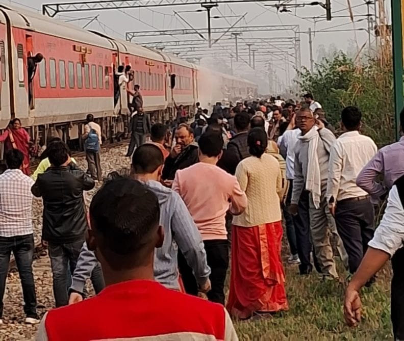 Smoke coming out from the wheels of Sadbhavna Express