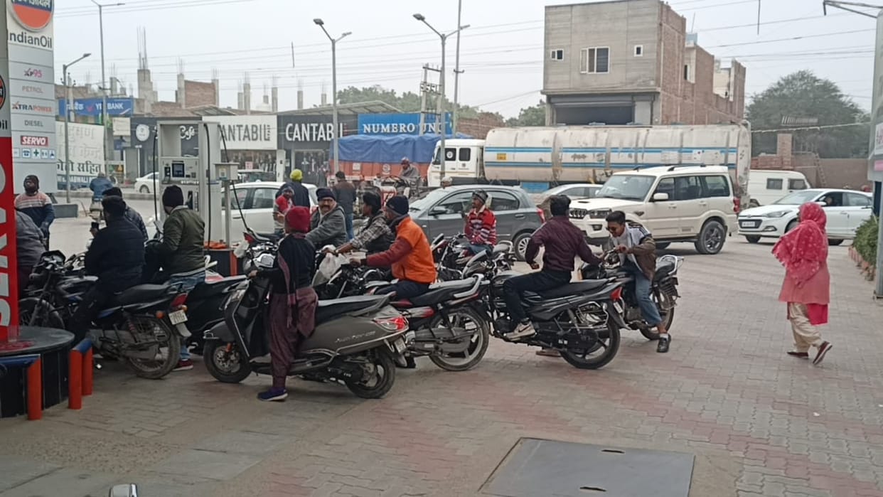 Crowd of people gathered at petrol pumps due to fear of shortage of petrol and diesel.