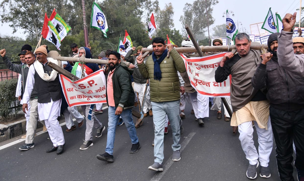 Farmers showed their plight by plowing themselves instead of bulls in gambling