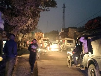 Pole broken by overloaded truck, line damaged, jam caused