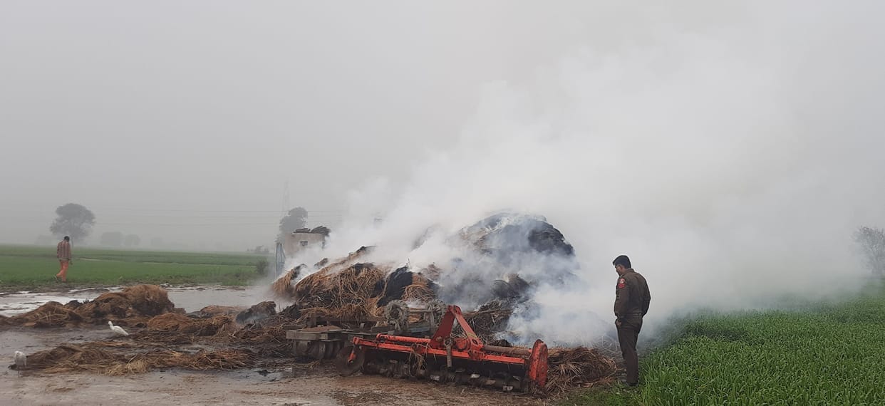 Fire broke out in a container filled with stubble and dust