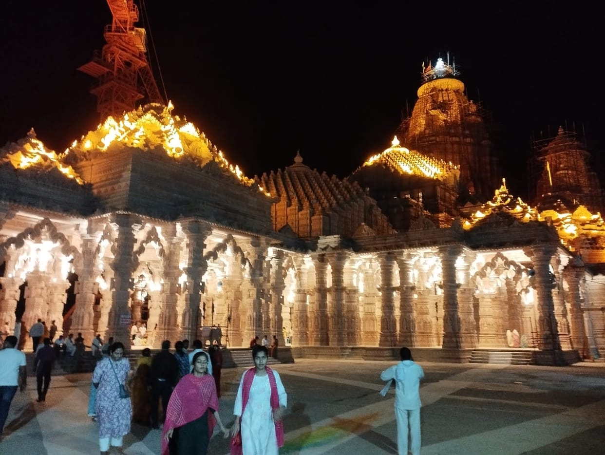 Jain pilgrimage area Kundalpur temple shining with colorful lights