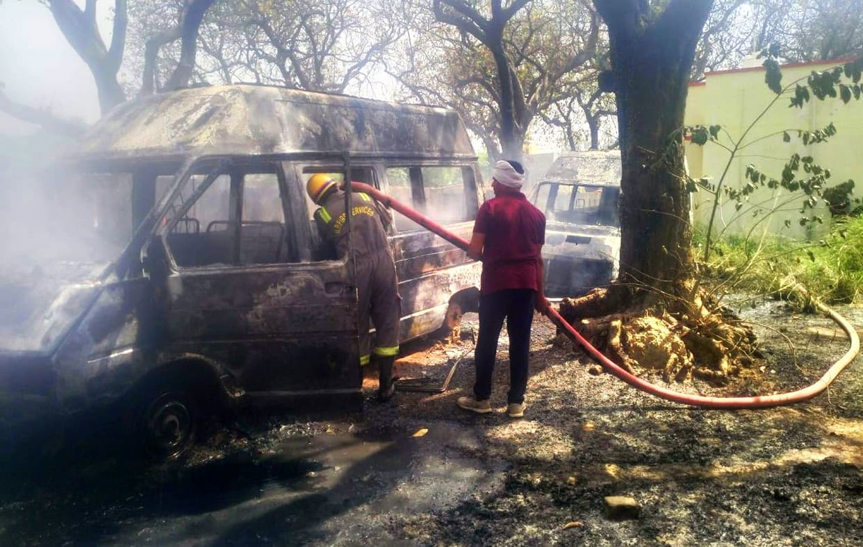 Two ambulances parked in Puramufti PHC burnt, explosions due to tire burst