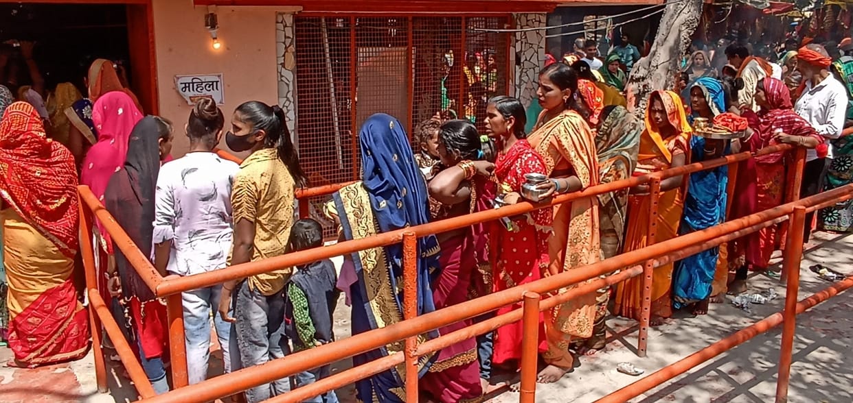 Crowd of devotees gathered in Devi temples on the first day of Chaitra Navratri.