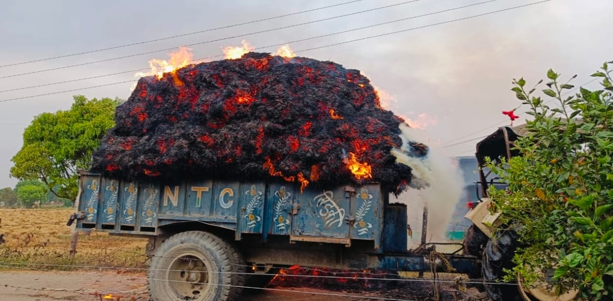 Tractor caught fire due to spark from transformer