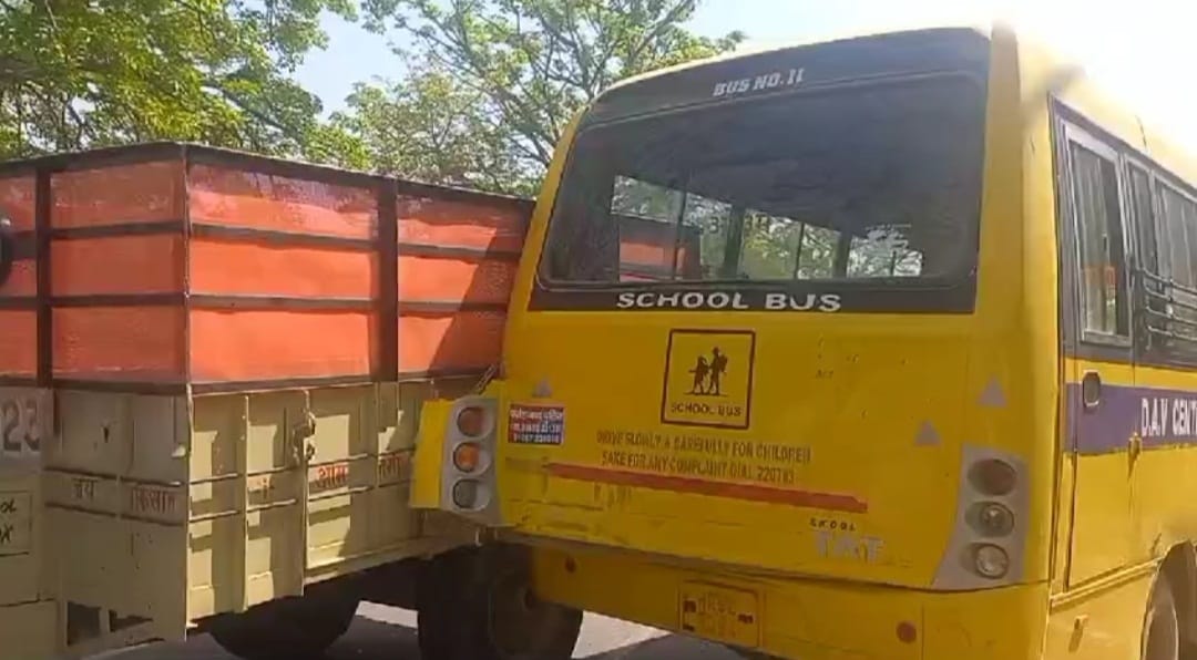 School bus collides with tractor-trolley