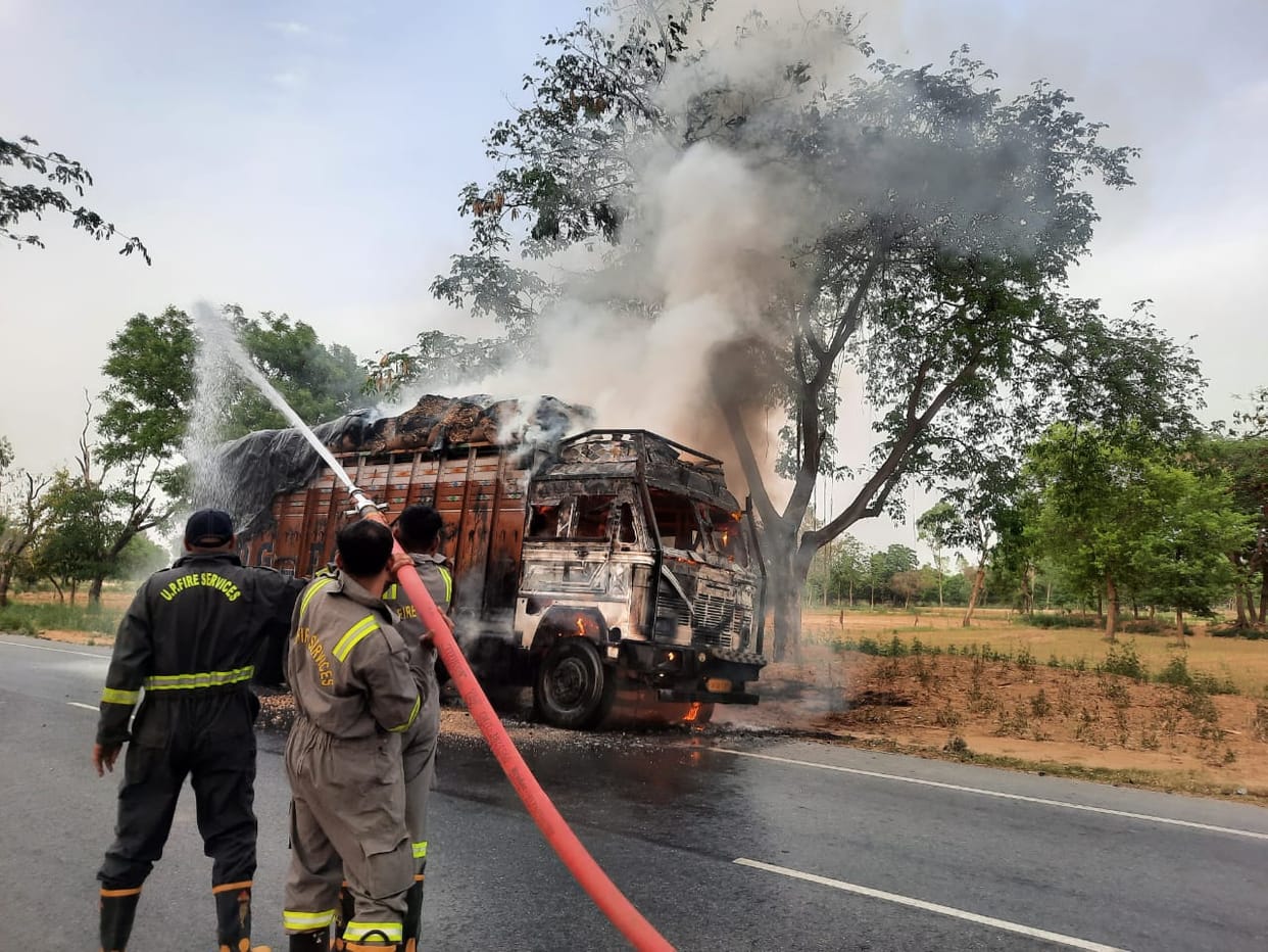 Fire broke out when a truck loaded with cardboard overturned