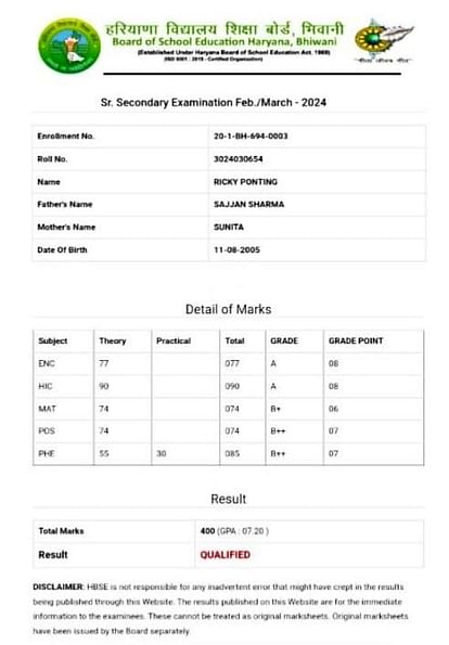 Haryana Board issued two marksheets of the same student