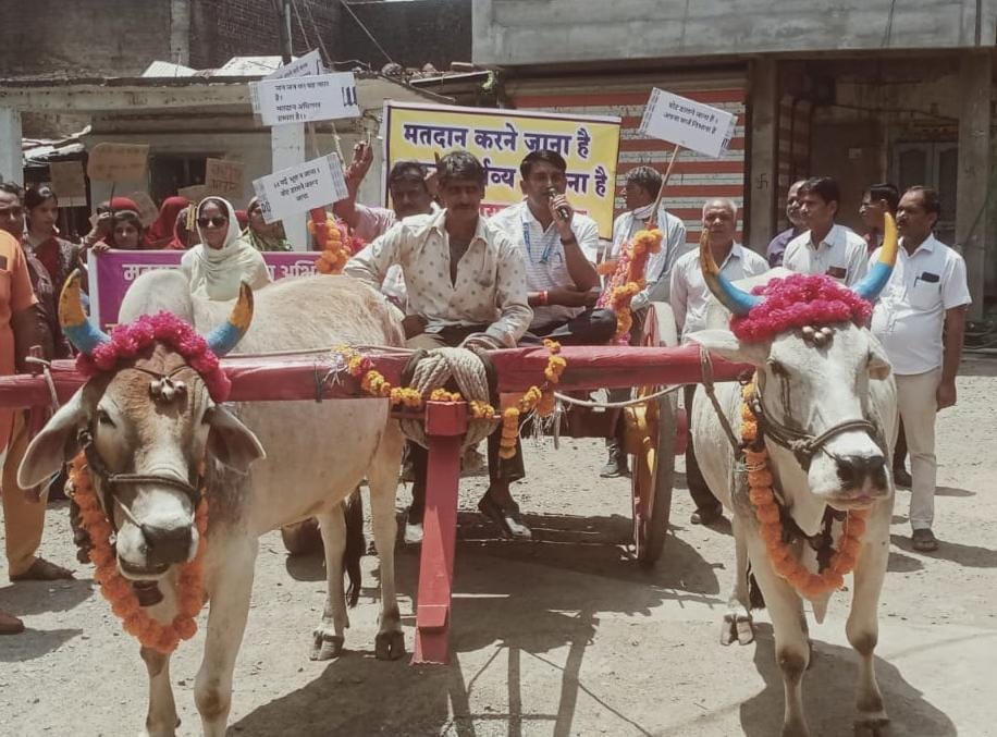 CEO came out sitting on bullock cart to make voters aware Told the public - don't forget to come and vote.