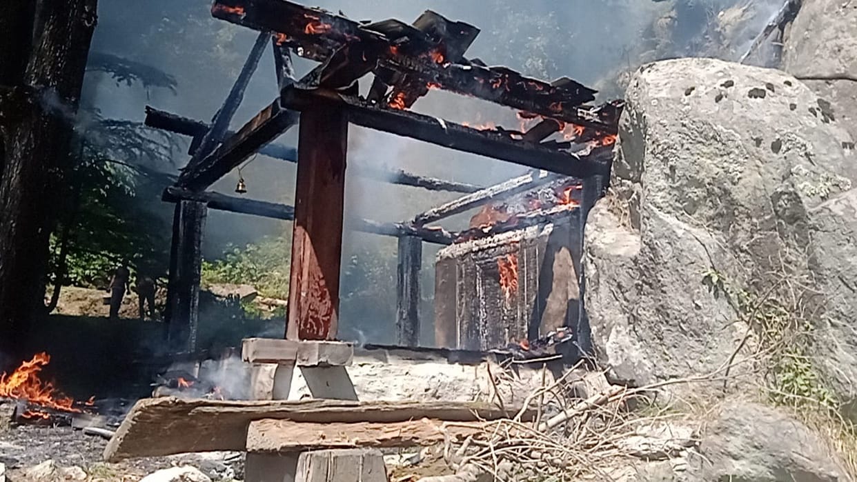 Slate-covered temple gutted by fire