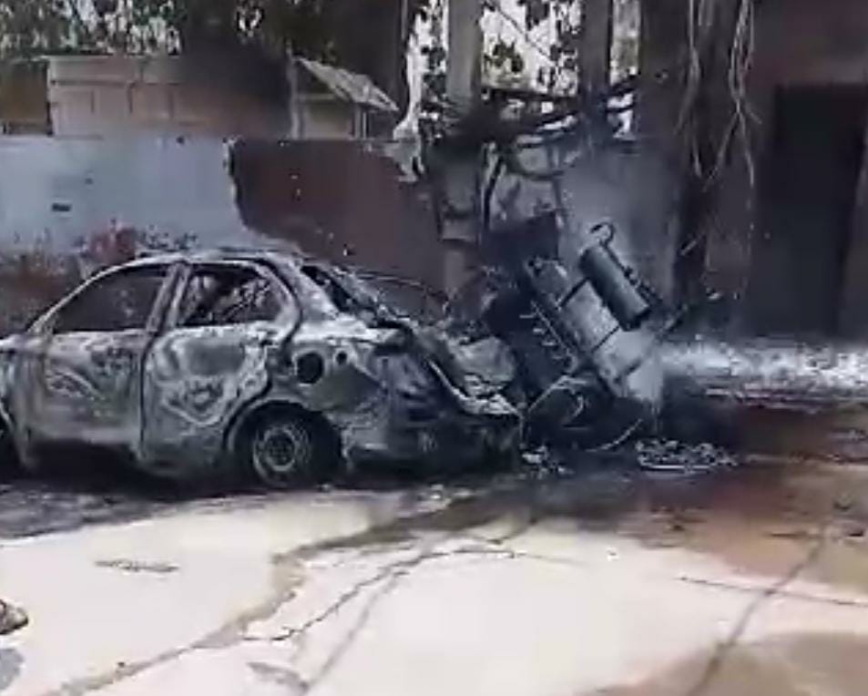 Transformer caught fire, car and bike burnt