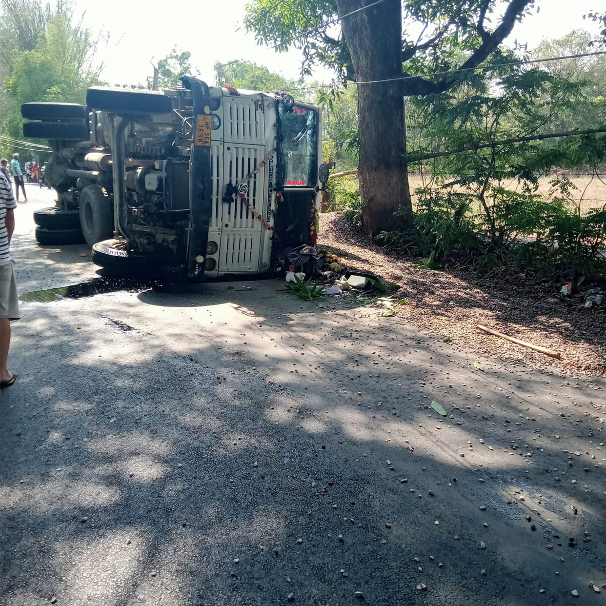 Truck full of crusher overturned on the road while saving animals