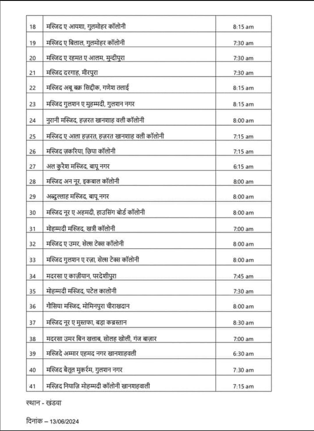 Shahar Qazi released the time table of prayers for Eid al-Adha