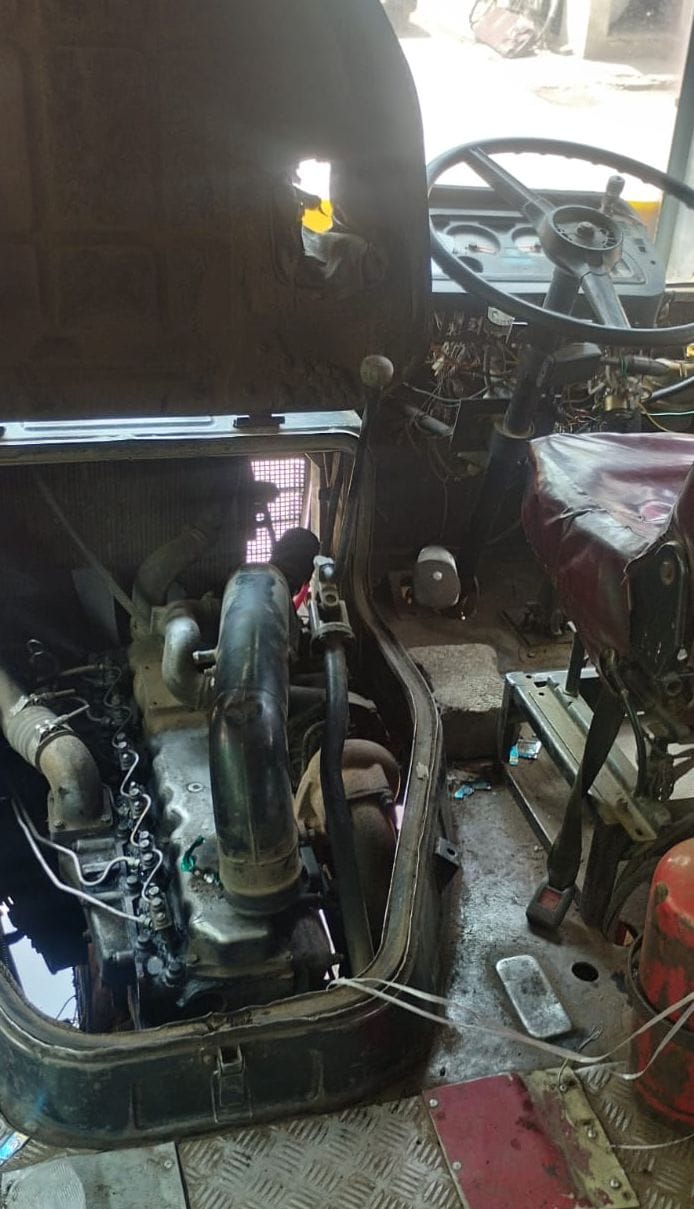 Web of wires near steering in roadways buses