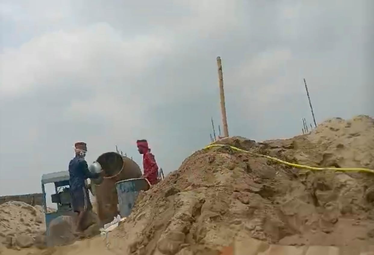 Mixing soil with cement and mortar is being prepared for construction