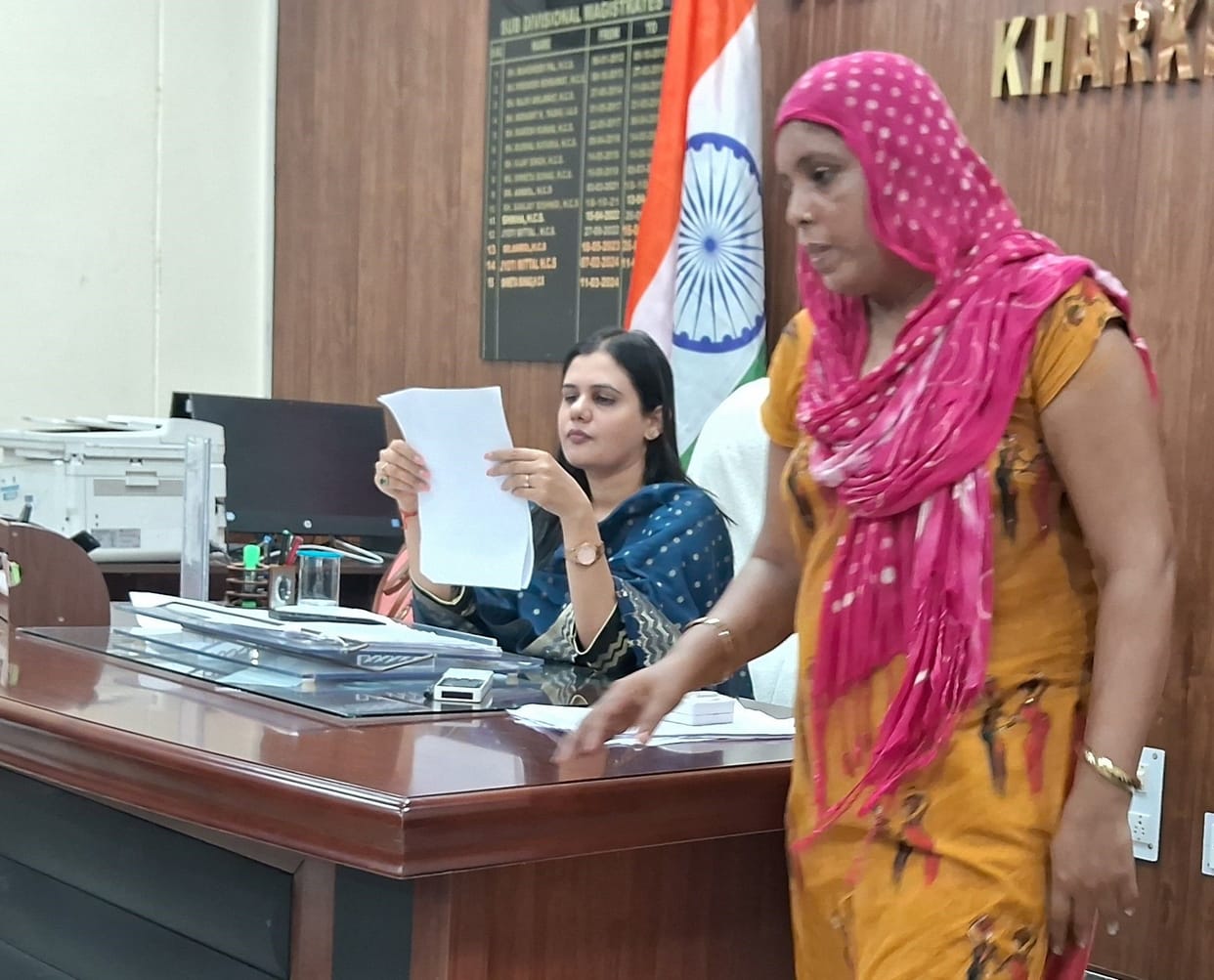 SDM Shweta Suhag looking at the complaints received in the Samadhan camp organized at the sub-divisional office in Kharkhoda, Sonipat. Dialogue